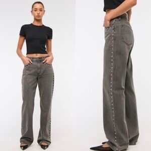 Abercrombie & Fitch Curve Love High Rise Loose Jeans in Grey Studded. Sz 24 Long